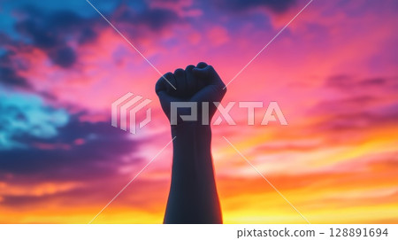 Silhouette of a fist raised against a vibrant sunset sky with dramatic lighting 128891694