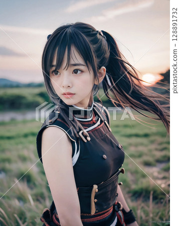 A sad-faced young female samurai in armor on the battlefield of the Sengoku period at dusk 128891732