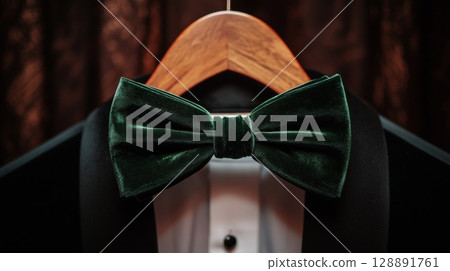 A Green Velvet Bow Tie on a Tuxedo Shirt Hanging on a Wooden Hanger Against a Classic Backdrop of Dark Rich Fabrics 128891761