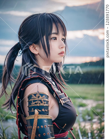 A sad-faced young female samurai in armor on the battlefield of the Sengoku period at dusk A sad-faced young female samurai in armor on the battlefield of the Sengoku period at dusk 128891770