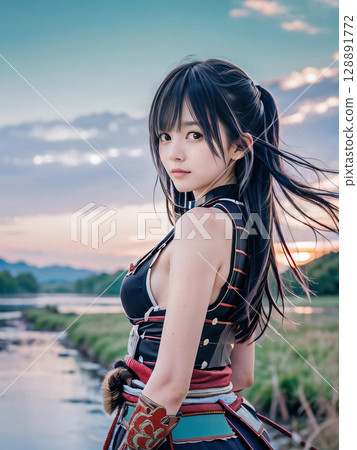 A sad-faced young female samurai in armor on the battlefield of the Sengoku period at dusk A sad-faced young female samurai in armor on the battlefield of the Sengoku period at dusk 128891772