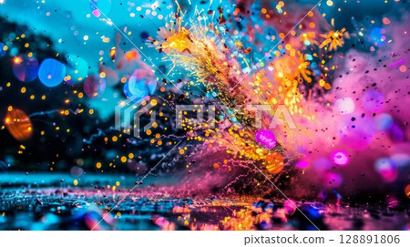 Brilliant fireworks display illuminating the dark night sky with vibrant colors and dynamic trails 128891806