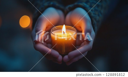 Close-up of Ugly Hands Holding a Lit Candle with Bad Lighting 128891812