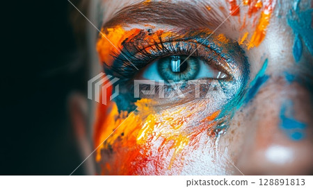 Close up portrait of person with colorful paint on cheeks and forehead in soft light 128891813