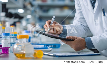 Professional noting injection points on tablet Professional noting injection points on tablet 128891883