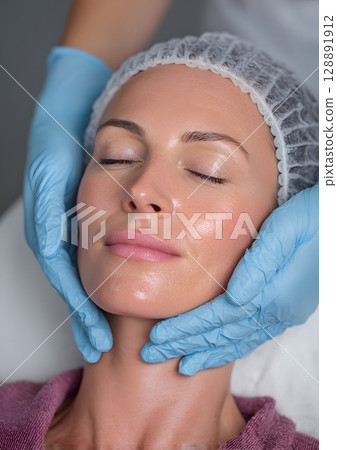 Woman applying gentle pressure post treatment 128891912