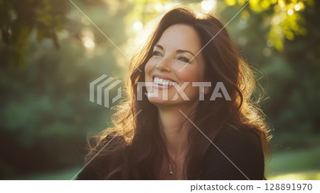 Joyful woman with long brown hair sitting in a park with sunlight through trees Joyful woman with long brown hair sitting in a park with sunlight through trees 128891970