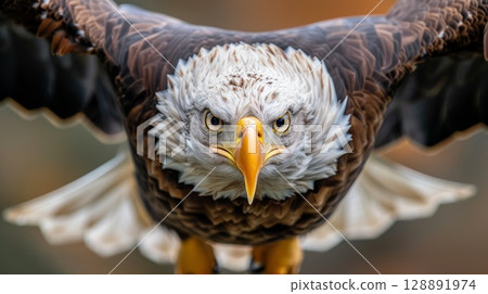 Majestic bald eagle soaring with wings spread wide in flight 128891974