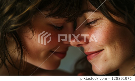 Mother and Daughter Share a Loving Smile in a Softly Lit Closeup Portrait 128891975