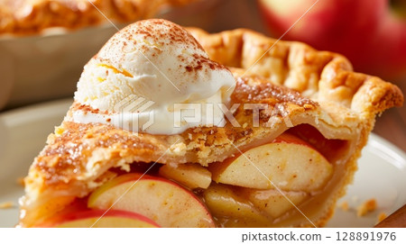 Mouthwatering Slice of Apple Pie with Golden Crust and Bursting Filling on Plate 128891976