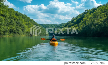 Person kayaking down a tranquil green river surrounded by lush forests and verdant hills under a clear blue sky 128891982