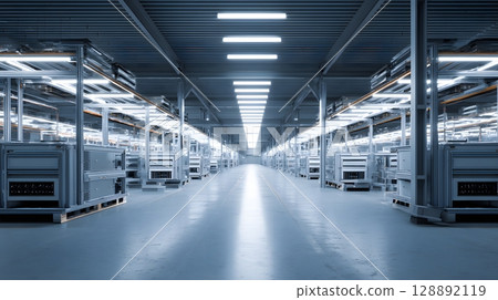 futuristic hydrogen fuel cell warehouse with robotic automation 128892119