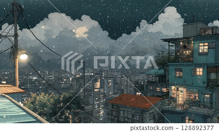 Night view watercolor style pen drawing 128892377