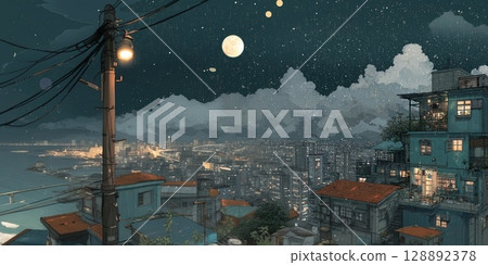 Night view watercolor style pen drawing 128892378