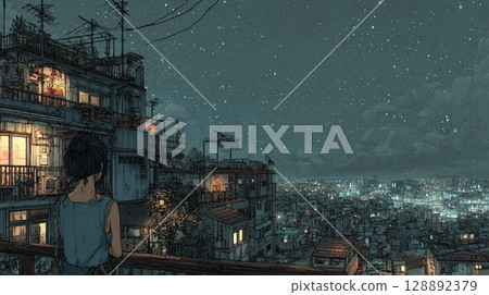 Night view watercolor style pen drawing 128892379
