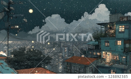 Night view watercolor style pen drawing 128892385