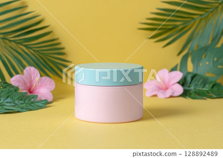 Colorful 3D cosmetic container mockup with floral tropical theme. Clean design with space for logo, ideal for branding and packaging visuals. 128892489