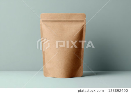 Paper bag mockup on minimal background. Ideal for branding or product design, this clean kraft pouch offers a versatile eco-friendly option. Perfect for showcasing packaging ideas with a modern touch. 128892490