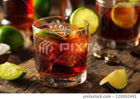 Lime iced beverage with orange slice. Great for tropical cocktails or summer drinks, this chilled glass adds vibrant flavor. Perfect for festive or bar use. 128892491