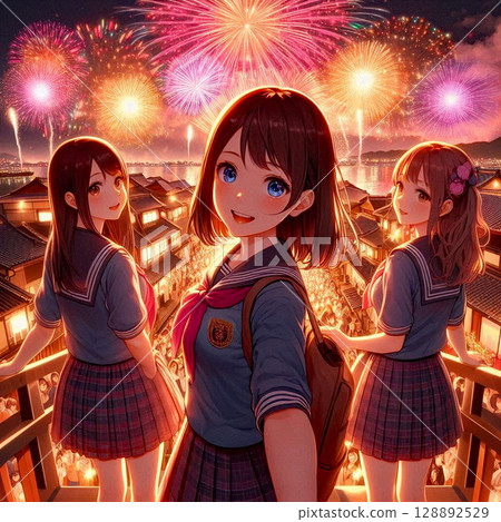 Summer fireworks and high school girls⑥ 128892529
