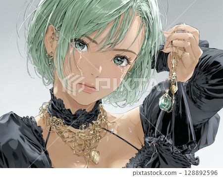 女僕咖啡廳：一位年輕女子看到破碎的寶石後哭泣的插圖 128892596