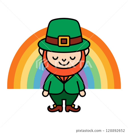 Cartoon Leprechaun Standing with Rainbow and Green Hat 128892652