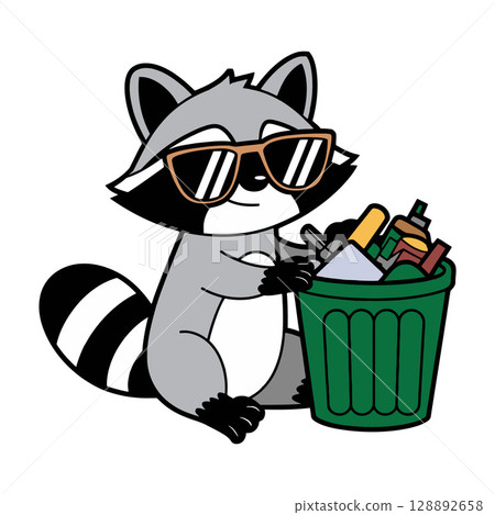 Cartoon Raccoon Wearing Sunglasses Holding Trash Can 128892658