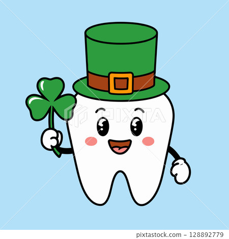 Cartoon Tooth Wearing Green Hat Holding Shamrock with Smiling Face Cartoon Tooth Wearing Green Hat Holding Shamrock with Smiling Face 128892779
