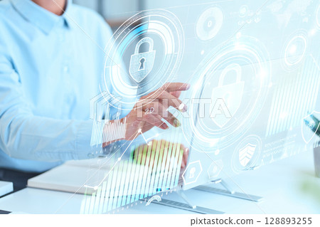 Digital Data Security Interface With Lock Icon And Holographic Display Technology Interaction 128893255