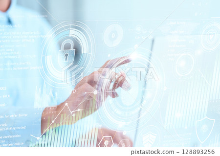 Secure Interface With Fingerprint Technology and Digital Security Icons on Screen Secure Interface With Fingerprint Technology and Digital Security Icons on Screen 128893256