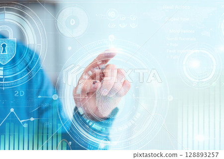 Futuristic Biometric Fingerprint Security Interface With Digital Lock Technology Display Futuristic Biometric Fingerprint Security Interface With Digital Lock Technology Display 128893257