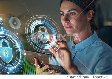 Professional Woman Interacting With Futuristic Cybersecurity Interface and Analyzing Data Locks Professional Woman Interacting With Futuristic Cybersecurity Interface and Analyzing Data Locks 128893259