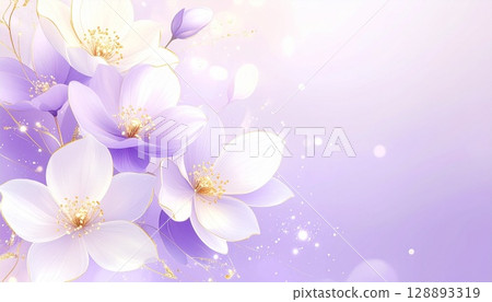 Elegant floral illustration with glossy white flowers on a purple gradient background with delicate gold borders. 128893319