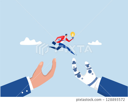 Business achievement, businessman hold winning flag jump from human hand to ai hand.change or transformation using Artificial Intelligence innovation ai adoption Business achievement, businessman hold winning flag jump from human hand to ai hand.change or transformation using Artificial Intelligence innovation ai adoption 128893572