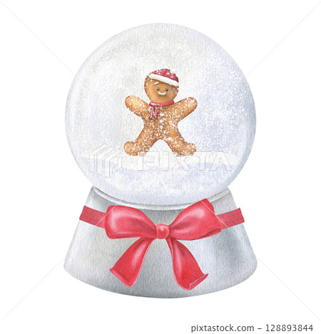 Gingerbread Man in a Snow Globe. Watercolor illustration of a Christmas snowball with snowfall. Hand drawn holiday sketch of Snowglobe on white isolated background. Water color painting art image 128893844