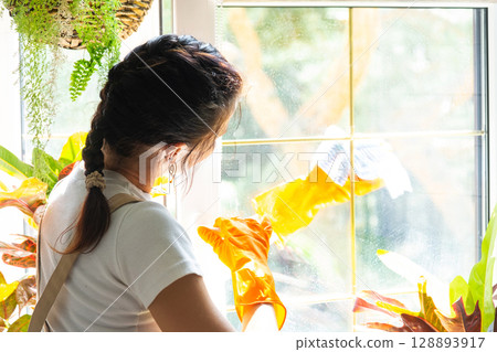 Woman in rubber gloves and apron close-up manually washes window of house with rag cleaner and mop inside interior with home plants on windowsill. Restoring order and cleanliness, cleaning servise Woman in rubber gloves and apron close-up manually washes window of house with rag cleaner and mop inside interior with home plants on windowsill. Restoring order and cleanliness, cleaning servise 128893917