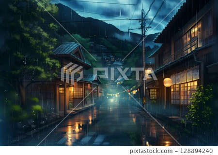 Cityscape at night when it rains 128894240