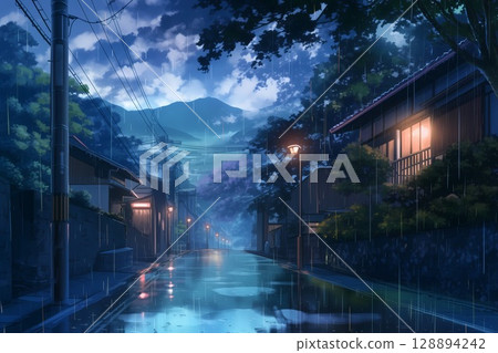 晚上下雨時的城市景觀 128894242
