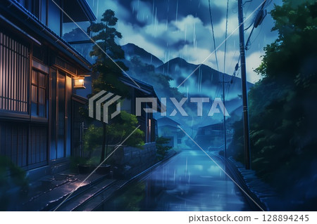 Rainy night cityscape (illustration, landscape, background, wallpaper) 128894245