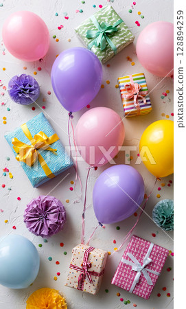Pastel Balloons and Gifts in a Colorful Birthday Flat Lay 128894259