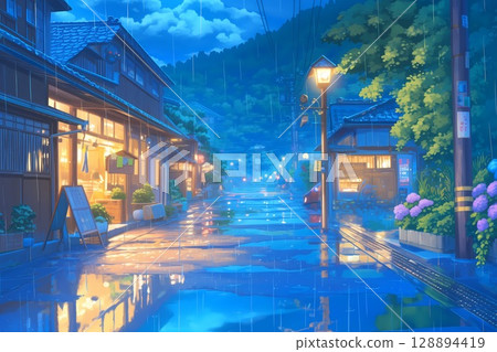 Rainy day in a rural Japanese town 128894419