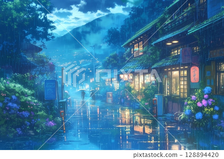 下雨天的日本鄉村(插圖、風景、背景、壁紙) 下雨天的日本鄉村(插圖、風景、背景、壁紙) 128894420