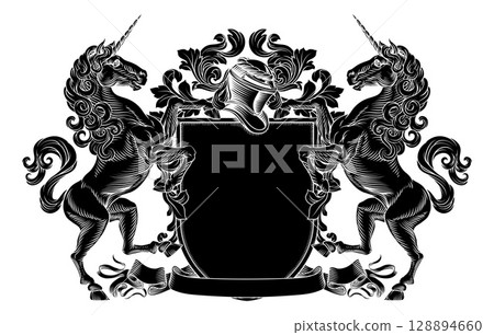 Coat of Arms Crest Unicorns Family Heraldry Shield 128894660