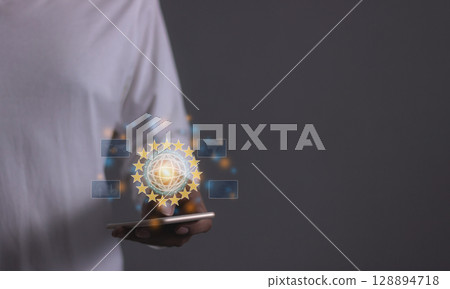 Young man hand using smartphone with to Interconnect Young man hand using smartphone with to Interconnect 128894718