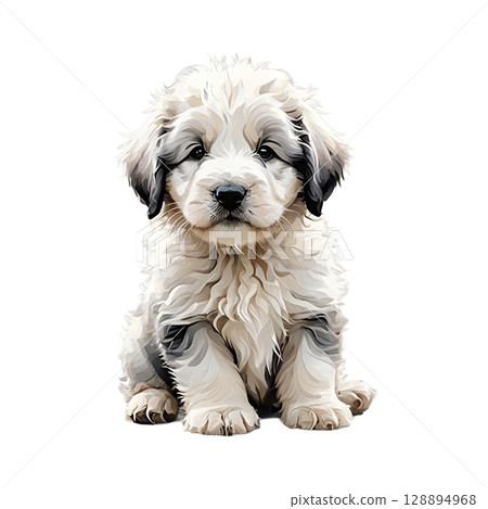 Cutout illustration of a cute sitting Old English Sheepdog puppy 128894968