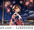 穿著和服的女子，背景為煙火 128895008