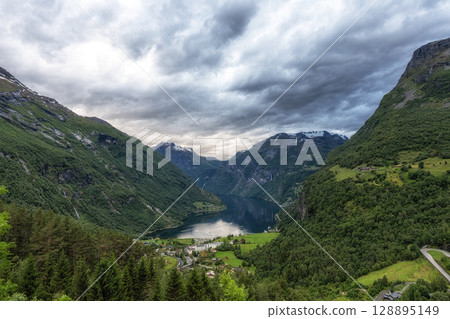 Geiranger fjord in Summer Storm 128895149