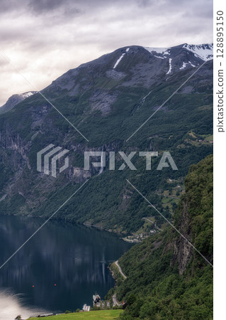 Geiranger fjord in Summer Storm 128895150