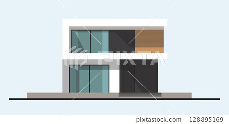 Illustration Vector Modern style house Single house design, simple luxury, modern, minimalist, practical, full glass windows, horizontal wood decoration 128895169
