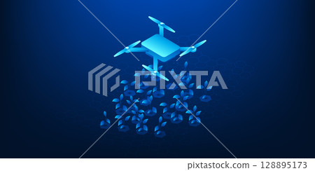 Smart farm technology concept with a drone flying over crops and spraying water automatically. Advanced agricultural automation using AI and IoT to improve farming efficiency and sustainability Smart farm technology concept with a drone flying over crops and spraying water automatically. Advanced agricultural automation using AI and IoT to improve farming efficiency and sustainability 128895173